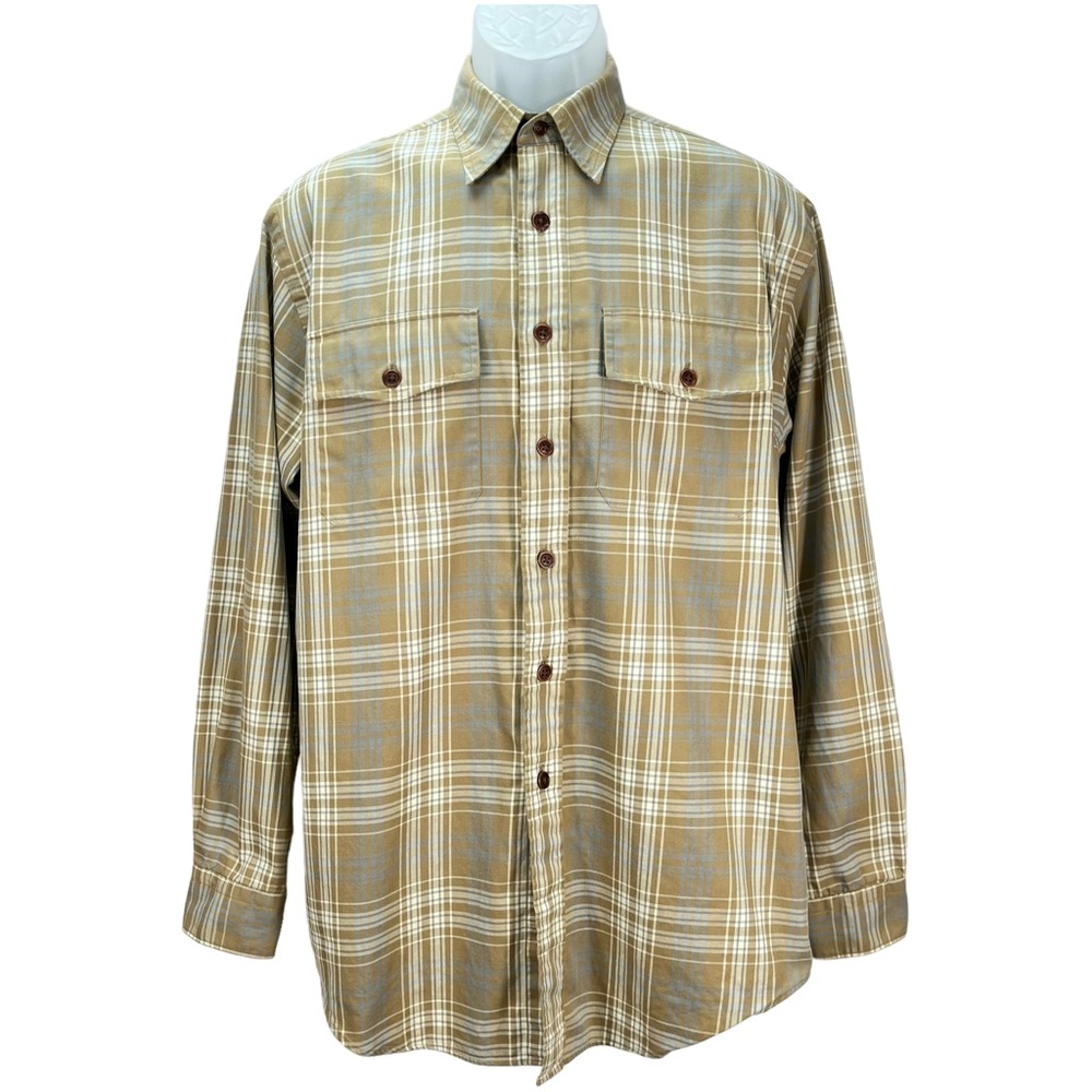 CC Filson Men’s Medium Tan Plaid Button‎ Up Shirt Long Sleeve Outdoor Workwear